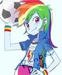  baekgup ball blue_skin hand_on_hip long_hair looking_at_viewer multicolored_hair my_little_pony my_little_pony_equestria_girls purple_eyes rainbow_dash signature simple_background smile soccer_ball solo wristband 