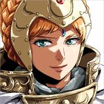  armor braid brown_hair chainmail closed_mouth eyebrows_visible_through_hair face gem glint green_eyes helmet kaze_no_tani_no_nausicaa kushana lowres smile solo studio_ghibli zill_(lisalisa1983) 