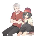  1girl bad_id bad_pixiv_id bangs bare_legs beanie black_hair blue_eyes floral_print grey_hair hat holding_needle island_kahuna jacket kuchinashi_(pokemon) mizuki_(pokemon) needle open_mouth pokemon pokemon_(game) pokemon_sm red_hat sewing sewing_needle shirt short_hair short_sleeves simple_background sitting sleeping sleeping_upright swept_bangs t-shirt toypatriot white_background wrinkles z-crystal 