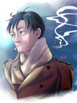  artist_name beige_scarf blue_eyes brown_coat cigarette closed_mouth coat light_smile looking_away looking_to_the_side male_focus mouth_hold rossa_(grandemilan) sangatsu_no_lion scarf shimada_kai_(sangatsu_no_lion) smoke smoking solo upper_body 
