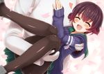  1girl admiral_(kantai_collection) black_legwear blue_jacket blush brown_hair carrying closed_eyes gloves gradient_hair happy head_out_of_frame jacket jewelry kantai_collection multicolored_hair mutsuki_(kantai_collection) ootori_(kyoya-ohtori) open_mouth panties panties_under_pantyhose pantyhose princess_carry red_hair remodel_(kantai_collection) ring school_uniform serafuku short_hair underwear wedding_band 