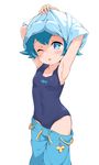  ;o armpits arms_up blue_eyes blue_hair blush breasts covered_navel garun_wattanawessako highres hips one_eye_closed open_mouth pants pants_down pokemon pokemon_(anime) pokemon_sm_(anime) shirt short_hair simple_background sleeveless small_breasts solo suiren_(pokemon) trial_captain undressing white_background 