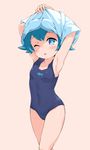  ;o armpits arms_up blue_eyes blue_hair blush breasts covered_navel garun_wattanawessako highres hips one_eye_closed open_mouth pants pants_down pokemon pokemon_(anime) pokemon_sm_(anime) shirt short_hair simple_background sleeveless small_breasts solo suiren_(pokemon) trial_captain undressing white_background 