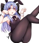  animal_ears bangs black_legwear black_leotard black_ribbon blue_hair breasts bunny_ears bunny_girl bunnysuit detached_collar full_body hair_ribbon len leotard long_hair looking_at_viewer melty_blood open_mouth pantyhose parted_bangs paw_pose pointy_ears red_eyes ribbon sabujiroko small_breasts solo tsukihime 