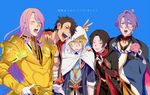  :p armor blonde_hair blue_eyes blush brown_hair closed_eyes crossed_arms earrings flower gloves hachisuka_kotetsu hand_on_another's_shoulder hand_on_hip hood japanese_clothes jewelry kasen_kanesada kashuu_kiyomitsu male_focus mole mole_under_mouth multiple_boys mutsu-no-kami_yoshiyuki nail_polish necktie open_mouth ponytail purple_hair red_eyes red_nails scarf smile t_k_g tongue tongue_out touken_ranbu translation_request v white_gloves yamanbagiri_kunihiro yellow_eyes 