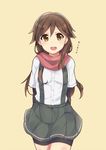  :d arashio_(kantai_collection) arm_warmers arms_behind_back bike_shorts brown_eyes brown_hair cowboy_shot grey_skirt highres kantai_collection long_hair looking_at_viewer open_mouth pleated_skirt red_scarf scarf shirt short_sleeves skirt smile solo suspenders translation_request white_shirt yellow_eyes zhi_zhi/zu_zu 