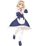  :o alice_margatroid alternate_costume apron bare_shoulders blonde_hair blue_dress blue_eyes blue_footwear chocolate chocolate_heart commentary_request detached_sleeves dress full_body hair_between_eyes hairband heart highres lolita_hairband pantyhose shoes short_hair shunichi solo touhou waist_apron white_legwear 