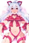  ahoge bare_shoulders blush breasts hair_ornament hidebou large_breasts long_hair looking_at_viewer matoi_(pso2) naked_ribbon navel open_mouth outstretched_arms phantasy_star phantasy_star_online_2 reaching_out red_eyes ribbon silver_hair sitting smile solo twintails white_background 