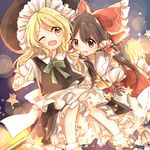  bare_shoulders blonde_hair bow bowtie broom broom_riding brown_eyes brown_hair commentary_request detached_sleeves frilled_skirt frills green_bow green_neckwear hair_bow hair_tubes hakurei_reimu hat kirisame_marisa kosencha large_bow multiple_girls one_eye_closed open_mouth red_bow short_sleeves skirt star touhou witch_hat yellow_eyes 