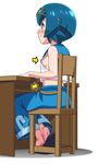  baggy_pants barefoot blue_eyes blue_hair blue_sailor_collar blush breasts capri_pants chair directional_arrow kousaka_jun midriff pants pokemon pokemon_(game) pokemon_sm ribbon-trimmed_pants ribbon_trim sailor_collar sandals short_hair sideboob simple_background sitting small_breasts smile soles solo suiren_(pokemon) table white_background 