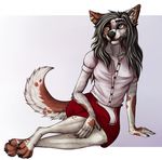  anthro canine clothed clothing ear_piercing female fur hair heterochromia looking_at_viewer mammal piercing simple_background sitting solo zumjakal 
