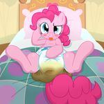 2014 bed blue_eyes blush diaper equine feces female feral fillyscoots42 friendship_is_magic fur hair looking_at_viewer mammal messy_diaper my_little_pony pink_fur pink_hair pinkie_pie_(mlp) scat solo tongue tongue_out urine watersports 