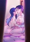  areolae blue_hair blush breast_grab breasts convenient_arm davi_(dokidoki!_precure) db_(dokidoki!_precure) dokidoki!_precure eye_contact fingering french_kiss grabbing hishikawa_ryouko kiss long_hair looking_at_another mature medium_breasts multiple_girls negom nude open_clothes open_shirt precure purple_eyes purple_hair saliva shirt short_hair sitting smile sweat tongue tongue_out wariza yuri 