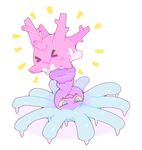  closed_eyes closed_mouth corsola gen_2_pokemon gen_7_pokemon half-closed_eyes highres mareanie no_humans open_mouth pokemon pokemon_(creature) sharp_teeth simple_background smile spike spikes teeth upside-down white_background winter939 