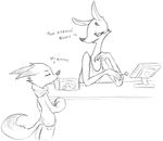  2016 anthro avo_(weaver) box candy canine charlie_(weaver) clothed clothing desk dialogue dipstick_ears disney duo eyes_closed female food fox half-closed_eyes jackal mammal middry monochrome pack_street sex_toy simple_background text zootopia 