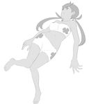  bare_arms bare_legs bare_shoulders bikini breasts collarbone eyebrows_visible_through_hair floral_print flower full_body greyscale groin hair_flower hair_ornament knees_together_feet_apart long_hair lying mao_(pokemon) medium_breasts monochrome navel on_back open_mouth pokemon pokemon_(anime) pokemon_sm_(anime) simple_background solo strapless strapless_bikini swimsuit thigh_gap trial_captain twintails white_background zzz_(draw) 