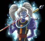  absurdres arm_behind_back backlighting blue_eyes blue_lipstick blue_skin dragon_ball dragon_ball_super evil_grin evil_smile flipped_hair glowing grin hair_tie halo highres holding holding_staff holding_weapon light_particles lipstick long_hair long_sleeves looking_at_viewer makeup marcarita nagare_seiya orb over_shoulder puffy_long_sleeves puffy_sleeves sash silver_hair smile solo staff tabard turtleneck twintails weapon weapon_over_shoulder 