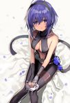  bare_shoulders black_gloves black_legwear breasts cleavage fate/grand_order fate/prototype fate/prototype:_fragments_of_blue_and_silver fate_(series) gloves hassan_of_serenity_(fate) highres medium_breasts purple_eyes purple_hair shino_(eefy) short_hair sitting solo 