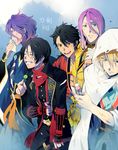  blonde_hair blue_eyes brown_hair clenched_teeth closed_eyes dango earrings food hachisuka_kotetsu hood japanese_clothes jewelry kasen_kanesada kashuu_kiyomitsu male_focus multiple_boys mutsu-no-kami_yoshiyuki open_mouth purple_hair sanshoku_dango scarf skewer smile t_k_g teeth touken_ranbu wagashi yamanbagiri_kunihiro yellow_eyes 