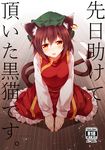  animal_ears brown_hair cat_ears cat_tail chen cover cover_page doujin_cover earrings hat highres jewelry looking_at_viewer midori_(misuriru8) multiple_tails orange_eyes short_hair solo tail touhou translated 