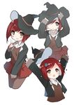 blush brown_eyes danganronpa hat hat_tug long_sleeves looking_at_viewer multiple_views new_danganronpa_v3 outstretched_arms pantyhose pleated_skirt red_hair saru school_uniform short_hair skirt smile sparkle witch_hat yumeno_himiko 