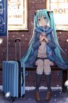  2017 :o aqua_eyes aqua_hair aran_sweater bangs black_legwear black_skirt blue_coat blue_eyes blue_scarf blush brick_wall bus_stop chinese chinese_new_year closed_mouth coat full_body hatsune_miku holding kneehighs loafers long_hair long_sleeves mamemena miniskirt motion_blur new_year open_clothes open_coat outdoors plaid plaid_scarf pleated_skirt pocket road_sign rolling_suitcase scarf shoes sign sitting skirt snowing solo steam suitcase sweater tassel twintails unbuttoned very_long_hair vocaloid waiting white_sweater 