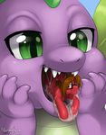  2017 brown_hair dragon duo equine eyewear fan_character feral friendship_is_magic glasses green_eyes hair hooves horn macro male mammal my_little_pony nummynumz open_mouth saliva scalie smile spike_(mlp) tongue tongue_out unicorn vore 