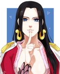  bad_id bad_pixiv_id black_hair blue_eyes boa_hancock breasts cleavage collarbone earrings epaulettes finger_to_mouth heart jewelry large_breasts long_hair looking_at_viewer may_c one_piece signature smile snake_earrings solo upper_body 