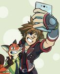  2015 blue_eyes brown_hair canine cellphone clothing crossover dipstick_tail disney fox gloves_(marking) green_eyes grin hair half-length_portrait hand_behind_back holding_object human jacket jewelry kingdom_hearts kingdomblade mammal markings multicolored_tail necklace necktie nick_wilde one_eye_closed phone portrait raised_arm selfie shirt short_hair simple_background size_difference smile sora_(kingdom_hearts) square_enix v_sign video_games wink zootopia 