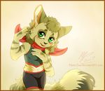  2017 anthro black_nose blush breasts carol_tea clothed clothing feline female flora-tea freedom_planet freedom_planet_2 fur green_eyes green_fur green_hair hair mammal midriff solo video_games wildcat 