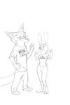  2017 akiric anthro beth_hopps black_and_white canine clothed clothing disney duo english_text female fox hand_on_hip innuendo knot lagomorph male mammal monochrome rabbit simple_background smile swift_fox text white_background william_f&#039;talis zootopia 