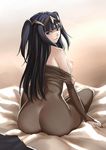  ass back bare_shoulders black_hair bodystocking breasts breasts_outside fire_emblem fire_emblem:_kakusei kaorihero large_breasts long_hair looking_at_viewer looking_back nipples off_shoulder sitting solo tharja tiara undressing 