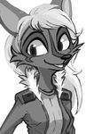 2017 anthro breasts bukoya-star canine clothed clothing dreamkeepers female fox fur greyscale hair mammal miri_rodgers monochrome open_mouth simple_background smile solo the_wayward_astronomer white_background 