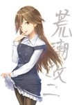  :p arashio_(kantai_collection) belt black_legwear brown_eyes brown_hair character_name dress dress_lift dress_shirt frilled_dress frills kantai_collection kyougoku_touya lifted_by_self long_hair long_sleeves pantyhose pinafore_dress remodel_(kantai_collection) school_uniform shirt smile solo strap_slip thighband_pantyhose tongue tongue_out white_shirt 