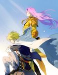  armor blonde_hair blue_eyes cloak closed_eyes from_side hachisuka_kotetsu hood long_hair male_focus multiple_boys purple_hair sitting t_k_g touken_ranbu wind yamanbagiri_kunihiro 