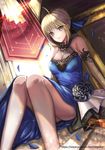  ahoge alternate_costume arm_support artoria_pendragon_(all) bangs bare_shoulders blonde_hair blue_dress blue_ribbon blush braid breasts dress excalibur fate/extella fate/extra fate/grand_order fate/stay_night fate_(series) hair_ribbon highres knees_up looking_at_viewer medium_breasts negister parted_lips ribbon saber short_hair sitting solo strapless strapless_dress yellow_eyes 