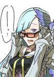  armor blue_hair blush breasts fate/prototype fate/prototype:_fragments_of_blue_and_silver fate_(series) gauntlets glasses headgear lancer_(fate/prototype_fragments) long_hair open_mouth purple_eyes 