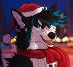  ambiguous_gender canine christmas fangs feral fur hair hat holidays looking_at_viewer mammal santa_hat smile solo teeth tongue zumjakal 