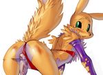  all_fours balls bikini butt canine clothed clothing digimon erection fox green_eyes l1zardman looking_at_viewer looking_back male mammal penis plain_background raised_tail renamon skimpy solo swimsuit white_background 