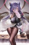  1girl absurdres azur_lane black_gloves breasts brown_pantyhose chi_an_(azur_lane) chi_an_(lanternlit_stroll)_(azur_lane) cone_hair_bun covered_nipples double_bun elbow_gloves feet_out_of_frame fishnet_pantyhose fishnets floral_print flower gloves hair_between_eyes hair_bun hair_ornament hand_fan highres holding holding_fan indoors jewelry kuren_kren large_breasts long_hair looking_at_viewer necklace official_alternate_costume pantyhose pearl_necklace purple_hair red_eyes red_flower red_rose rose sideless_outfit sitting solo 