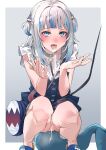  1girl absurdres after_fellatio blue_eyes blue_hair blunt_bangs blush bottomless collar cum cum_in_mouth cum_on_hands cum_on_tongue cum_string cumdrip fins fish_tail gawr_gura gawr_gura_(casual) hair_ornament hands_up highres hololive hololive_english leash looking_at_viewer multicolored_hair official_alternate_costume pussy pussy_juice shark_girl shark_hair_ornament shark_tail squatting streaked_hair tail tears teeth tongue tongue_out two_side_up virtual_youtuber white_hair yuukauta 