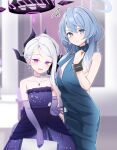  &gt;:( 2girls ako_(blue_archive) ako_(dress)_(blue_archive) aqua_eyes bare_shoulders blue_archive blue_dress blue_hair blue_halo blurry blurry_background blush bright_pupils closed_mouth collarbone commentary_request cowboy_shot crescent_print cuffs demon_horns dress earrings elbow_gloves formal frown glint gloves grey_eyes grey_hair hair_between_eyes halo hand_up highres hina_(blue_archive) hina_(dress)_(blue_archive) horns indoors jewelry long_hair looking_at_viewer mechanical_halo motion_lines multiple_girls necklace open_mouth parted_bangs partial_commentary purple_dress purple_eyes purple_gloves shackles side-by-side silver116 sleeveless sleeveless_dress smile sparkle star_(symbol) star_print strapless strapless_dress tsurime v-shaped_eyebrows waving 