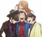  1girl 3boys arsene_lupin_iii beard black_hair black_jacket black_necktie black_shirt blue_jacket brown_hair closed_eyes collared_shirt facial_hair grin hair_over_eyes halorane hand_on_another&#039;s_back hands_on_another&#039;s_head happy highres ishikawa_goemon_xiii jacket japanese_clothes jigen_daisuke laughing long_hair long_sideburns long_sleeves lupin_iii mine_fujiko multiple_boys necktie purple_shirt red_necktie shirt sideburns smile teeth white_background 