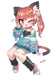  1girl :3 animal_ears artist_name bandaid bandaid_on_knee bandaid_on_leg bare_shoulders black_bow black_camisole black_socks blue_jacket blush bow breasts camisole cat_ears cat_girl cat_tail commentary_request fang full_body grey_skirt hair_bobbles hair_bow hair_ornament heart highres invisible_chair jacket long_hair long_sleeves looking_at_viewer loose_socks miniskirt multiple_hair_bows nanatsuta one_eye_closed open_mouth original pink_bow pink_footwear pleated_skirt puffy_long_sleeves puffy_sleeves red_eyes red_hair shoelaces shoes signature sitting skirt sleeves_past_fingers sleeves_past_wrists small_breasts sneakers socks solo star_(symbol) tail twintails v yellow_bow 