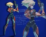  1girl absurdres ass blonde_hair blue_background blue_screen_of_death bodysuit cyberpunk cyborg drop_shadow frown full_body green_eyes gun highres holding holding_gun holding_weapon joints koutetu_yarou looking_at_viewer looking_back mechanical_ears no_feet original robot_joints science_fiction shadow short_hair solo very_short_hair weapon zoom_layer 
