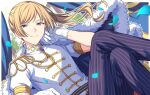  1boy blonde_hair blue_eyes blue_pants blunt_ends border brooch bush closed_mouth commentary_request curtains feet_out_of_frame gloves gold_trim highres isshiki_aoi jewelry long_hair looking_at_viewer male_focus on_air! pants puffy_short_sleeves puffy_sleeves sekina shirt short_sleeves side_ponytail smile solo striped_clothes striped_pants vertical-striped_clothes vertical-striped_pants white_gloves white_shirt window 