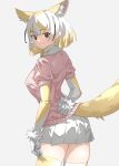  1girl adjusting_clothes adjusting_legwear animal_ear_fluff animal_ears arm_behind_back blonde_hair blush brown_eyes commentary cowboy_shot elbow_gloves extra_ears fennec_(kemono_friends) fox_ears fox_girl fox_tail from_behind fur_trim gloves grey_background hair_between_eyes highres kemono_friends looking_at_viewer looking_back miniskirt multicolored_hair pink_sweater pleated_skirt puffy_short_sleeves puffy_sleeves short_hair short_sleeves sidelocks simple_background skirt smile solo sweater tail tanabe_(fueisei) thighhighs two-tone_gloves two-tone_hair white_fur white_gloves white_hair white_skirt yellow_gloves yellow_thighhighs zettai_ryouiki 