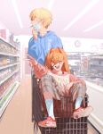 1boy 1girl absurdres blonde_hair blue_hoodie casual chainsaw_man commentary demon_horns denji_(chainsaw_man) drawstring english_commentary food food_in_mouth full_body grey_pants highres hood hood_down hoodie horns in_shopping_cart indoors long_sleeves looking_to_the_side mask mask_pull mouth_hold mouth_mask open_mouth pants pink_sweater plaid plaid_pants pocky pocky_in_mouth power_(chainsaw_man) profile raneblu red_footwear red_horns sharp_teeth shoes shopping shopping_cart short_hair sitting smile standing supermarket surgical_mask sweater teeth upper_body yellow_eyes 