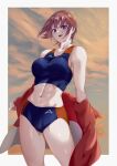  1girl absurdres blue_buruma border breasts buruma cloud collarbone floating_hair gym_uniform highres jacket jacket_partially_removed large_breasts midriff navel omanju25 open_clothes open_jacket open_mouth original purple_eyes red_buruma red_hair red_jacket shiny_skin short_hair solo standing stomach toned track_and_field track_uniform two-tone_buruma white_border 