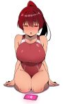  1girl :o absurdres bare_shoulders batta_16-sei blush breasts cellphone competition_swimsuit curvy earrings hair_between_eyes heterochromia highres hololive houshou_marine hypnosis_app jewelry kneeling large_breasts long_hair looking_down one-piece_swimsuit open_mouth phone ponytail red_hair simple_background swimsuit thighs virtual_youtuber white_background 